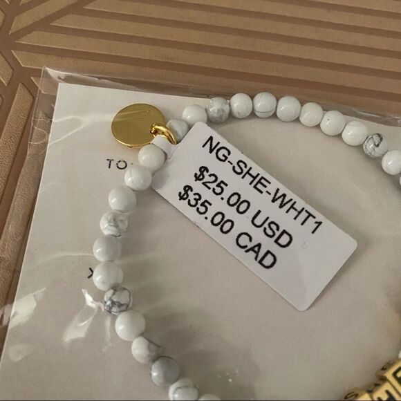 Little Words Project Bracelet She Her Stretch Beaded Gold Marble Neutral Casual - Picture 3 of 5